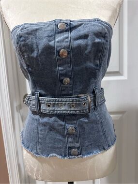 Bebe Strapless Button-Front Denim Corset Top with Belt